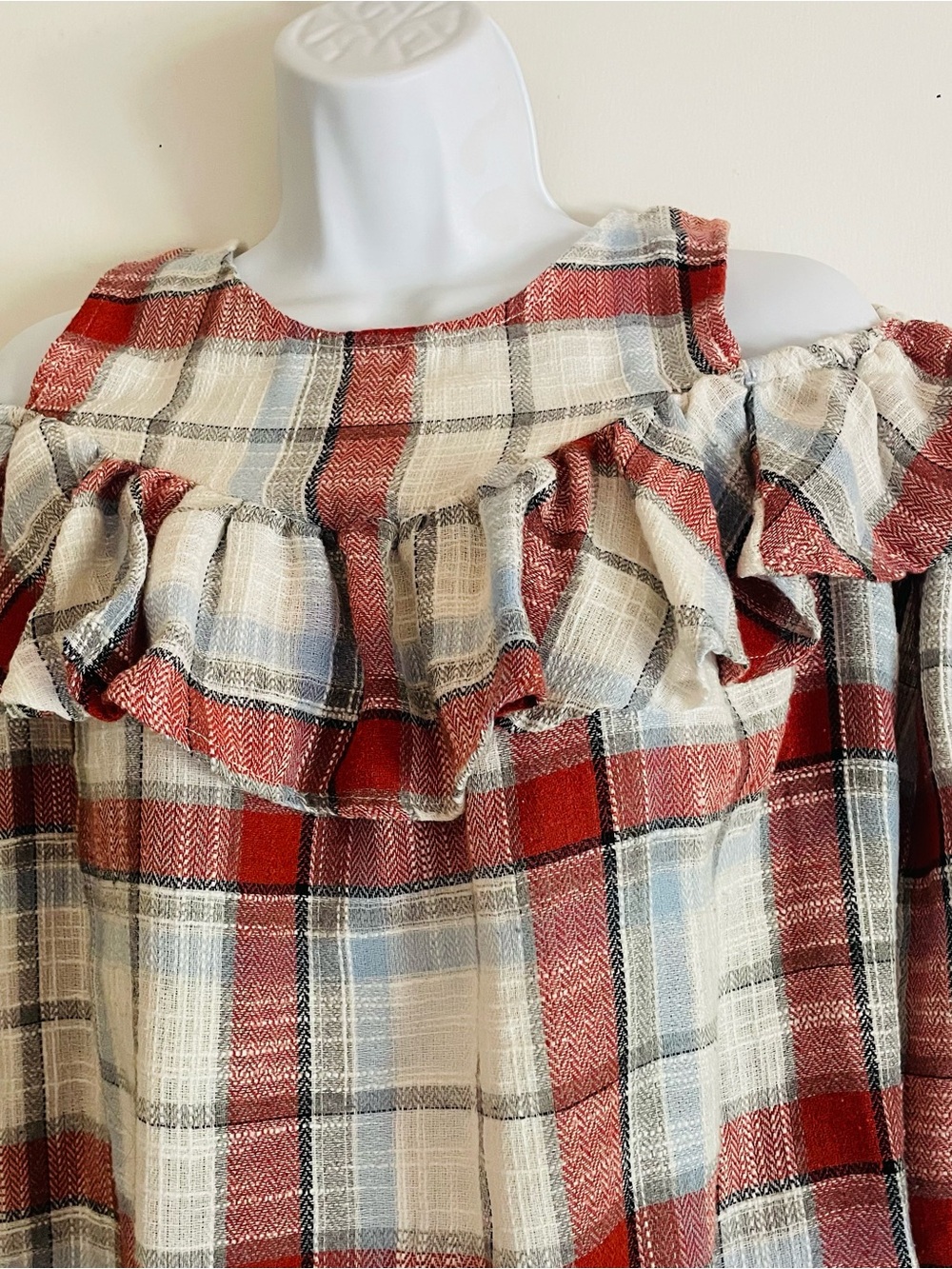 Doe & Rae Cold Shoulder Plaid Ruffle Flannel Top - Picture 8 of 11